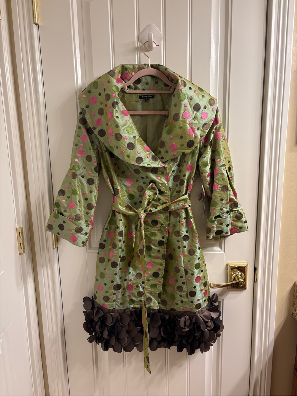 Samuel Dong NWT Green Embroidered Polka Dot Belted Trench Coat Artsy Designer S